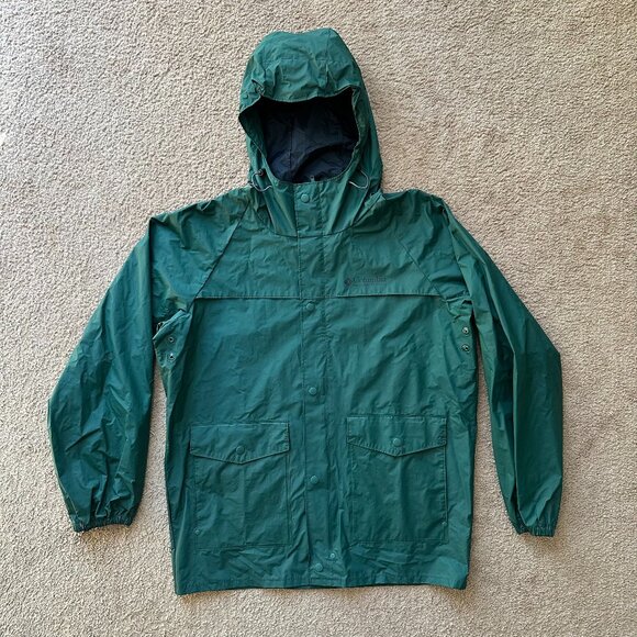 Columbia Jacket Mens Medium Full Zip Green Hood Polyvinyl Pockets Vtg P Pleasant - Picture 1 of 12